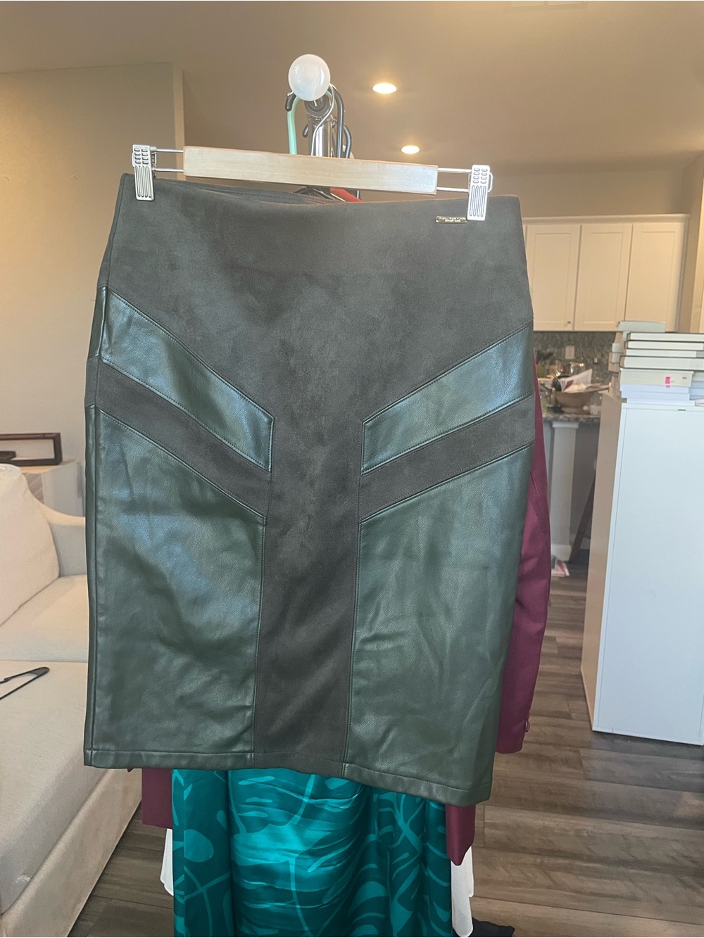 Marc New York Dark Green Faux Leather and suede Panel Pencil Skirt